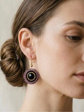 Hand Beaded Purple Black Gold Boho Dangle Drop Seed Bead Earrings NWT